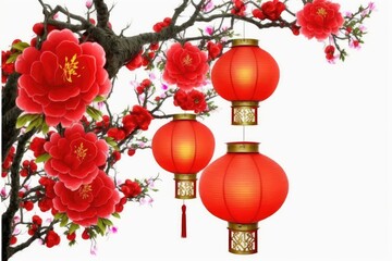 Fototapeta premium Red Lanterns Chainess New year. tree, flowers, bloom in the morning . atmosphere. High resolution. Isolated on White Background.