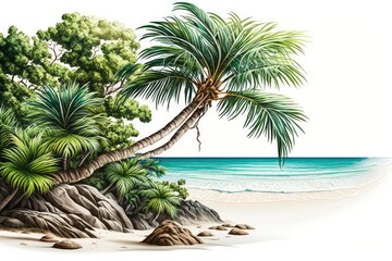 Seascape with palm tree, tropical beach background. sea and sky. Spring vacation background concept.