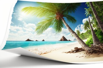 Seascape with palm tree, tropical beach background. sea and sky. Spring vacation background concept.