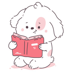 Cute dog with book vector cartoon character isolated on a white background.