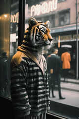 Fototapeta na wymiar Portrait of a hooded Tiger dressed in clothes and standing alone on a rainy street in the middle of the city. Generative ai