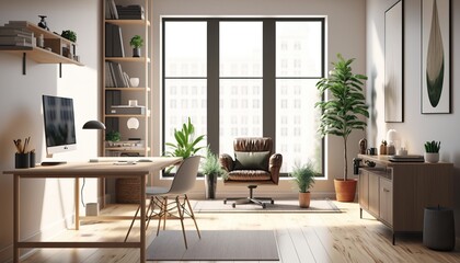 Modern Office Space Interior Design - Bright & Airy series. White walls, light wood flooring and natural light, with pops of green from indoor plants. Generative AI
