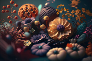 Colorful vibrant floral background with flowers of different sizes and shapes. Created with Generative AI Technology