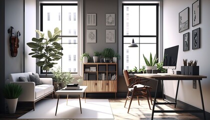 Modern Office Space Interior Design - Bright & Airy series. White walls, light wood flooring and natural light, with pops of green from indoor plants. Generative AI