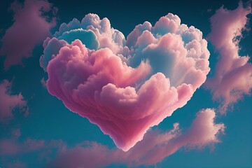 pink heart shaped cloud and blue sky, generative ai