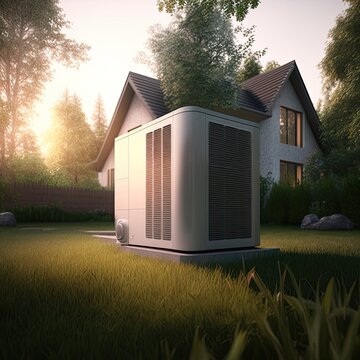 heat pump in a garden with house in the background, concept image plumber or environmentally friendly heating