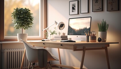 Minimalist Office - Modern Office Space Interior Design. White walls with light wood desk and accents, with minimal accessories, and clean lines. Generative AI