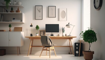 Minimalist Office - Modern Office Space Interior Design. White walls with light wood desk and accents, with minimal accessories, and clean lines. Generative AI