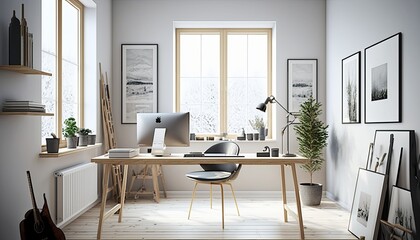 Fototapeta na wymiar Minimalist Office - Modern Office Space Interior Design. White walls with light wood desk and accents, with minimal accessories, and clean lines. Generative AI
