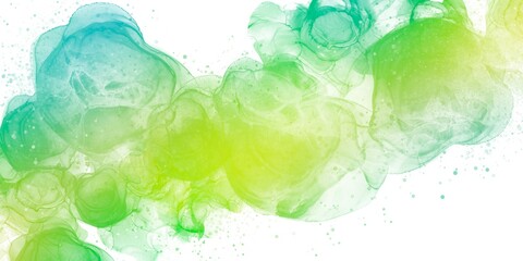 春夏用アルコールインクアートの抽象横長背景バナー）黄緑グラデーションの透明感のある丸い流動体