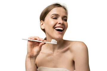 Cheerful woman cleans her mouth toothpaste shows teeth smiling, transparent background, isolated,...