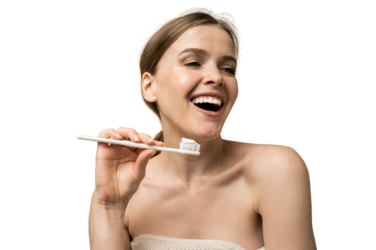 Cheerful woman cleans her mouth toothpaste shows teeth smiling, transparent background, isolated, png. - Powered by Adobe