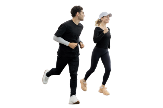 Sports people man and woman jogging full-length, transparent background, isolated, png.