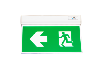 Fire exit green emergency exit signs isolated on cutout PNG. Warning plate with running man icon and arrow to left way. Fire escape sign hang on ceiling in the dark building near stairway.