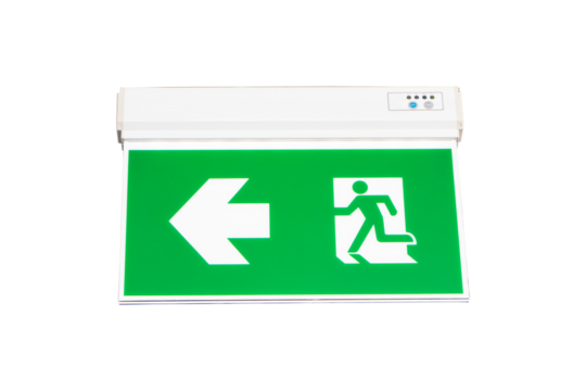 Fire exit green emergency exit signs isolated on cutout PNG. Warning plate with running man icon and arrow to left way. Fire escape sign hang on ceiling in the dark building near stairway.