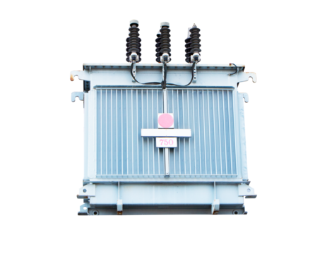 Transformers big size and electric wire phone lines. Energy and technology. Electrical post on electric power. electrical device used to transmit energy. Isolated on cutout PNG.