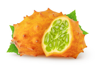 Isolated kiwanos. One fresh kiwano melon fruit and a half with leaves isolated on white background with clipping path