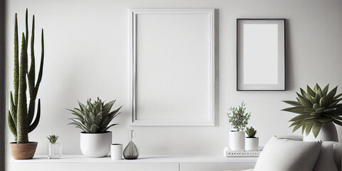 White frame mockup and Modern white ceramic vase with flowers Scandinavian interior., AI Generated