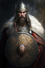Portrait of a Slavic warrior holding a shield. Generative AI - obrazy, fototapety, plakaty