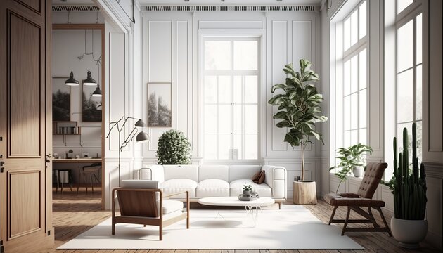 Nature-Inspired - Modern Office Space Interior Design. White walls with light wood accents, and indoor plants, with earthy textured accents. Generative AI