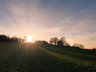 Bavarian Forest walking path during sunset phase