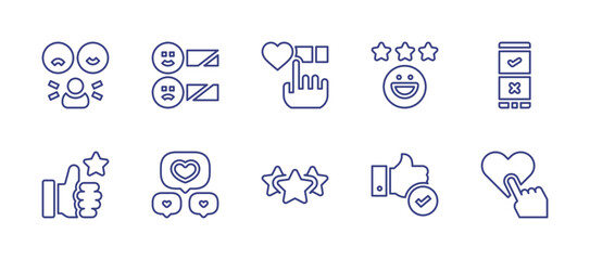 Feedback line icon set. Editable stroke. Vector illustration. Containing reaction, customer review, feedback, happy, survey, acknowledgement, like, stars.