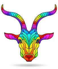 Stained glass illustration with animal head, a goat  isolates on white background
