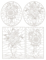 Set of contour illustrations of stained glass Windows with floral still lifes, bouquets of sunflowers and roses in vases, dark contours on a white background