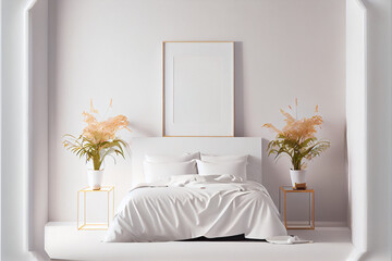 Bed in the bedroom in a Scandinavian minimalist style. Light pillows on the bed. AI Generated