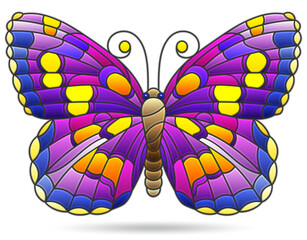 Illustration in stained glass style with a bright butterfly on a blue background, rectangular image