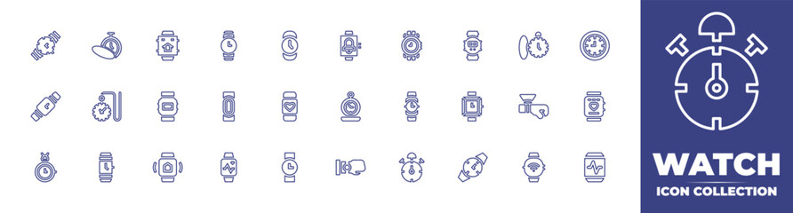 Watch line icon collection. Editable stroke. Vector illustration. Containing watch, smart watch, pocket watch, clock, digital watch, fitness watch, hologram, smartwatch, sport watch, and more.