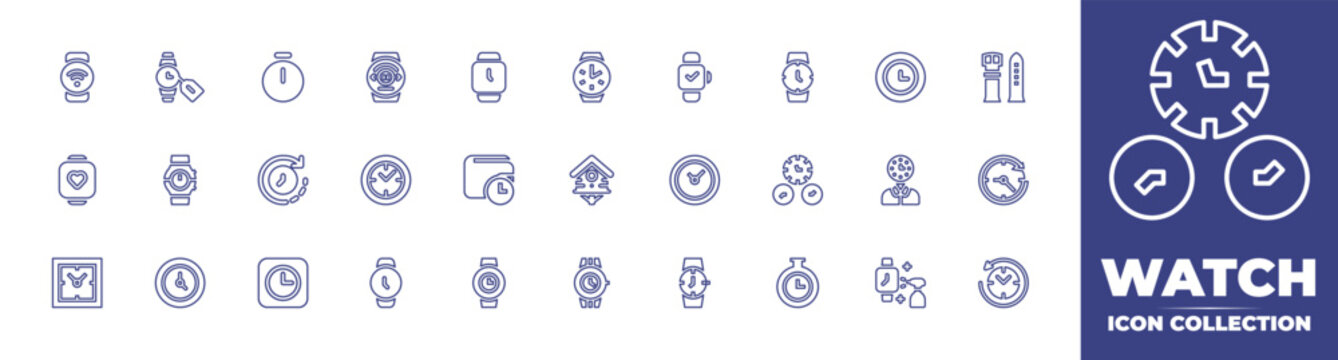 Watch Line Icon Collection. Editable Stroke. Vector Illustration. Containing Smart Watch, Watch, Time, Smartwatch, Wristwatch, Clock, Strap, Wallet, Bird House, Wall Clock, Busy, Clocks, And More.