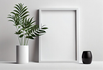 Square frame mockup on table. Modern white ceramic vase with grass, AI Generated