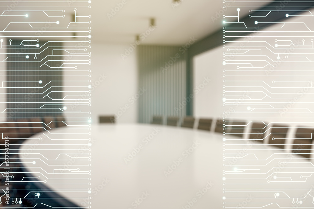 Aufkleber double exposure of abstract virtual circuit hologram on a modern meeting room background. research a