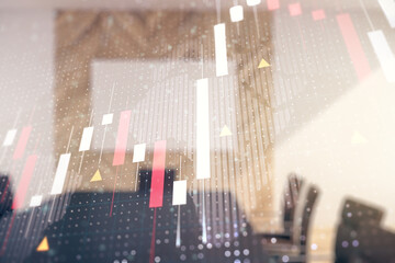 Abstract creative financial graph interface and world map on a modern conference room background, forex and investment concept. Multiexposure