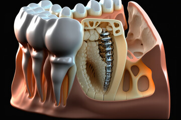 Concept for dental prosthesis. demonstrating the placement of a dental implant on a close up model of teeth's anatomy, generative AI - obrazy, fototapety, plakaty