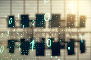 Abstract virtual binary code sketch on a modern boardroom background, hacking and matrix concept. Multiexposure