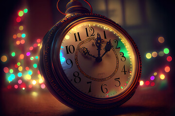 Excellent New Year's at midnight - Old clock and holiday lights. Generative Ai
