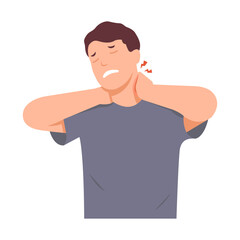 neck pain. Young worker or businessman touches his neck because he feels pain. The face of a person in pain. flat style