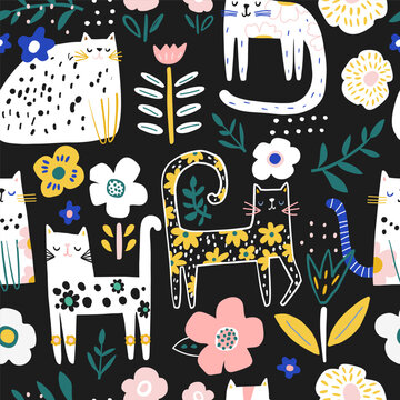 Seamless childish pattern with floral cute hand drawn cats. Creative monochrome kids hand drawn texture for fabric, wrapping, textile, wallpaper, apparel. Vector illustration