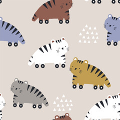 Seamless childish pattern with cute rocking toys tigers pattern. Kids print for fabric, textile. CArtoon texture. Vector illustration