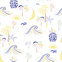 Summer beach seamless pattern with oceanic waves, palm trees, sun. Vector holiday texture - 577946905