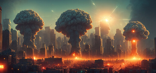 A nuclear explosion from an atomic bomb in the city. The concept of nuclear war. Generative AI.