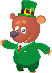 Cartoon happy bear wearing st patrick's hat with a clover. Vector illustration for Saint Patrick's Day. Party poster design