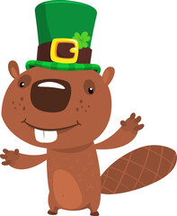 Cartoon happy beaver wearing st patrick's hat with a clover. Vector illustration for Saint Patrick's Day. Party poster design © drawkman