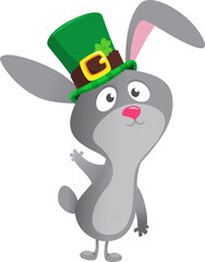 Cartoon happy bunny rabbit character wearing st patrick's hat with a clover. Vector illustration for Saint Patrick's Day