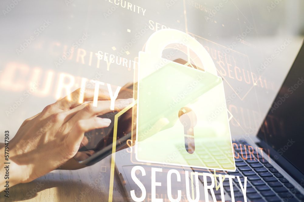 Poster creative lock illustration with microcircuit and finger presses on a digital tablet on background, c