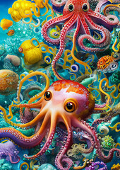 Obraz na płótnie Canvas An octopus swims on a coral reef under the deep sea.