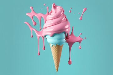 Pink and blue ice cream scoops melting in waffle cone on blue background. Generative ai 