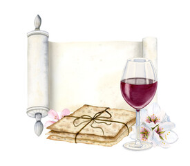 Watercolor Happy Passover greeting template with Haggadah scroll, glass of red wine, matzah pile, almond flowers